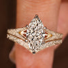 Vintage marquise engagement ring set with a solitaire Lab Grown Diamond and curved wedding band
