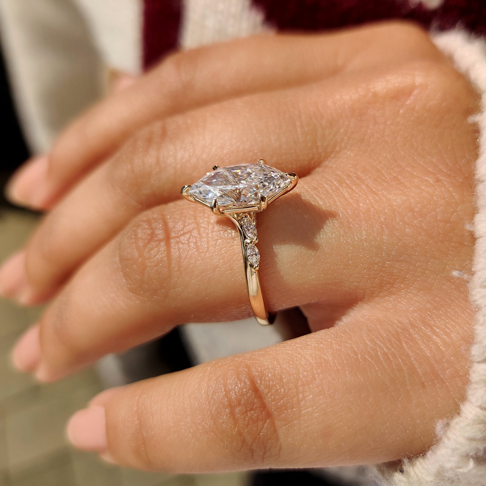 Lab grown diamond dutch marquise ring basket setting.
