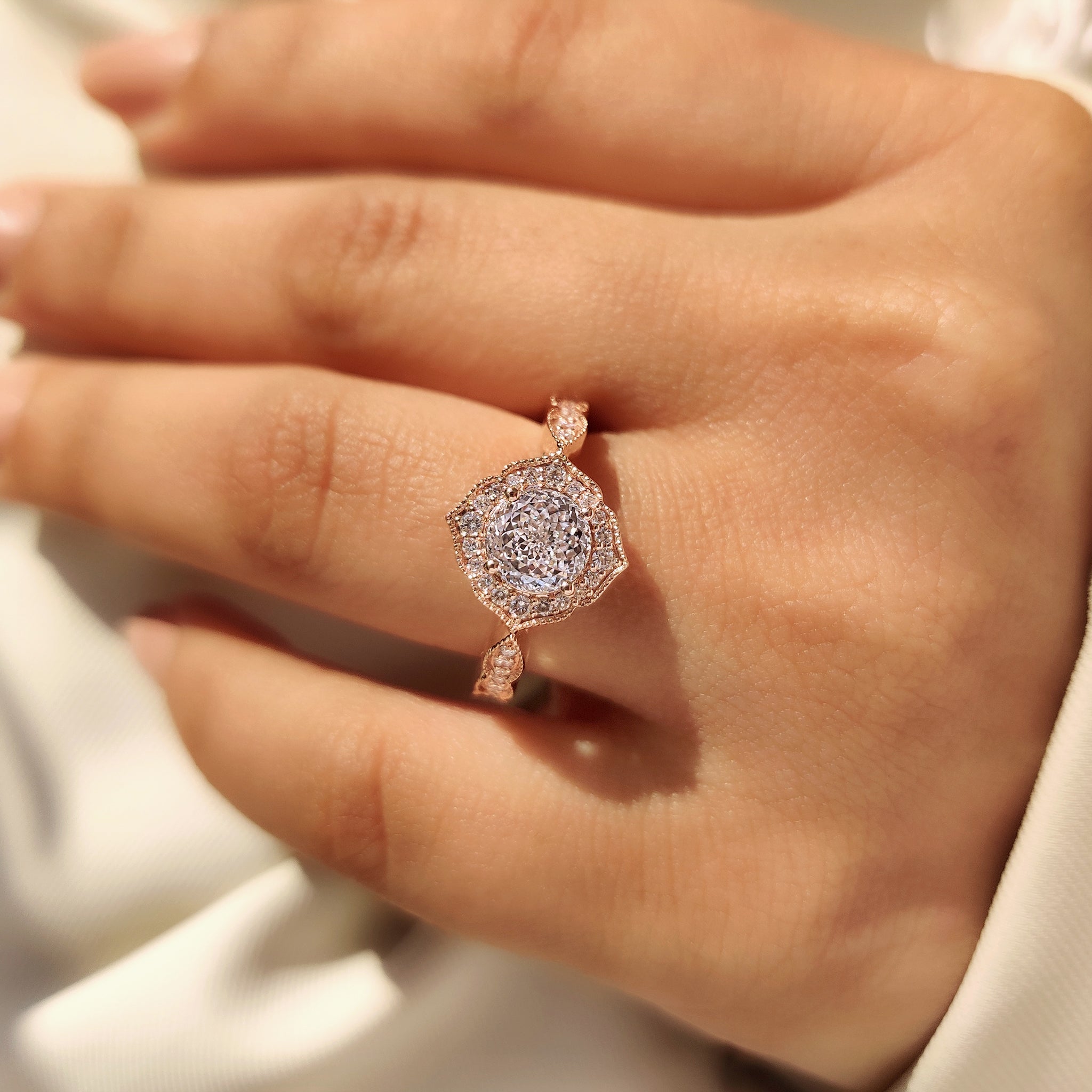 Handmade Portuguese cut diamond ring with round pave band.

