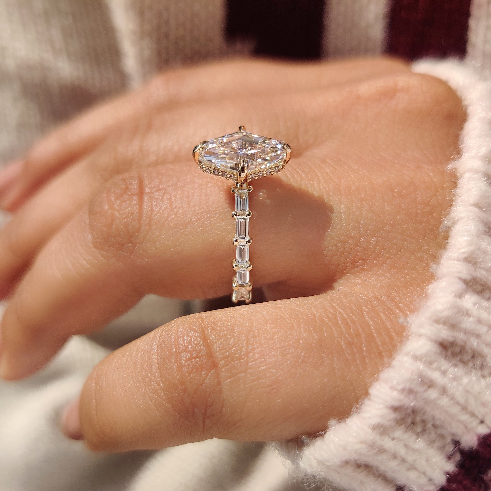 Lab grown hexagon diamond ring with hidden halo setting.
