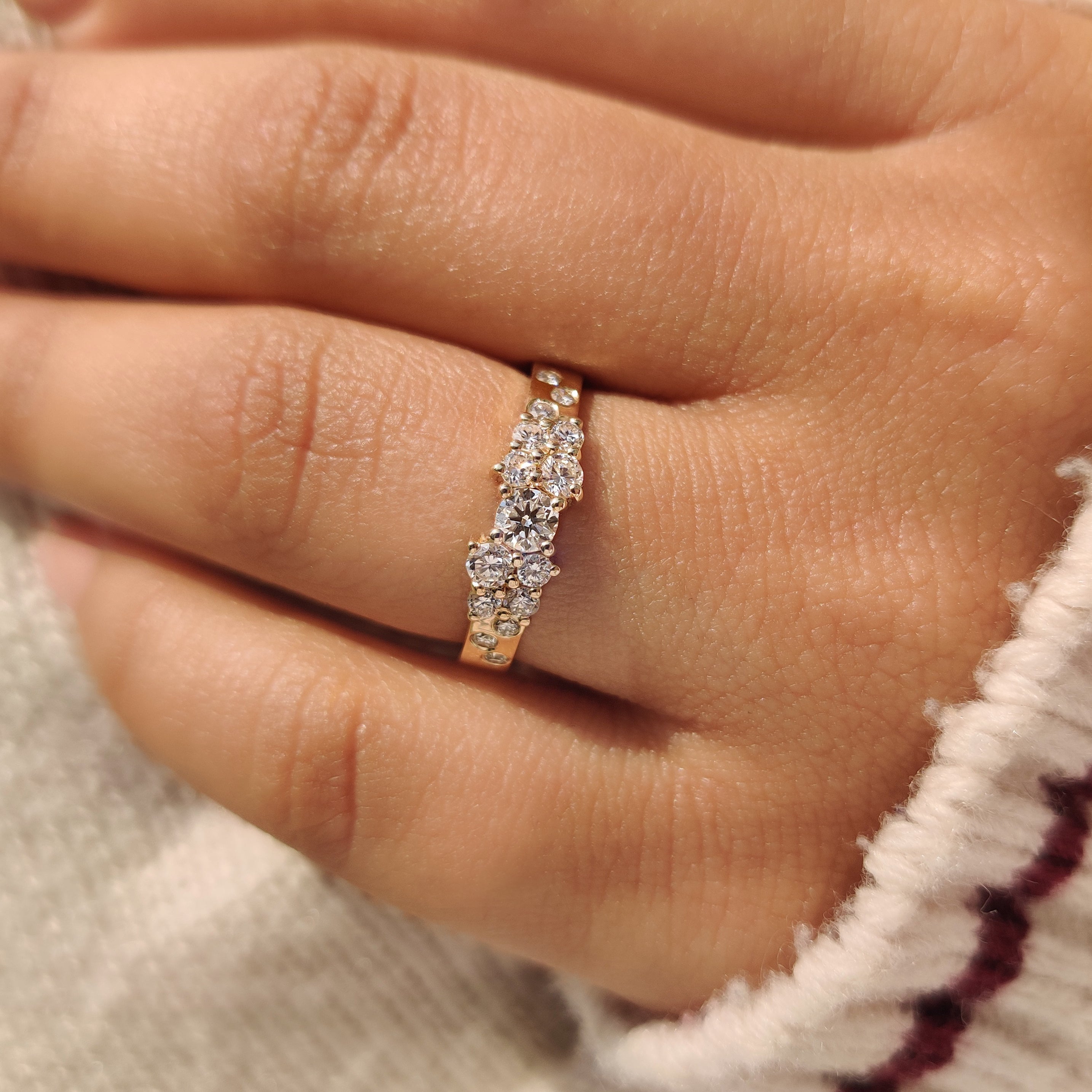 Round diamond band with lab grown cluster diamonds.
