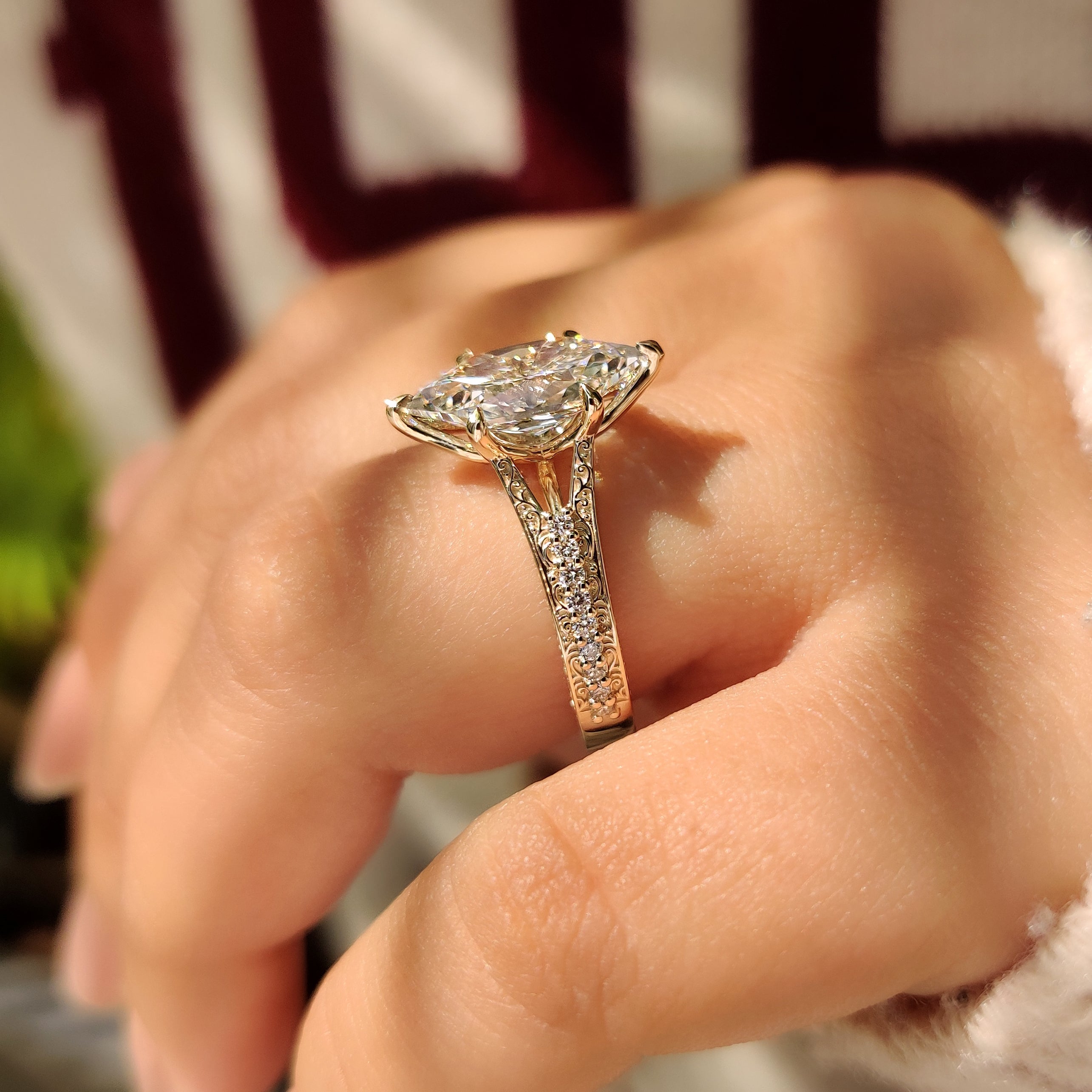 Lab grown marquise diamond ring with art deco design

