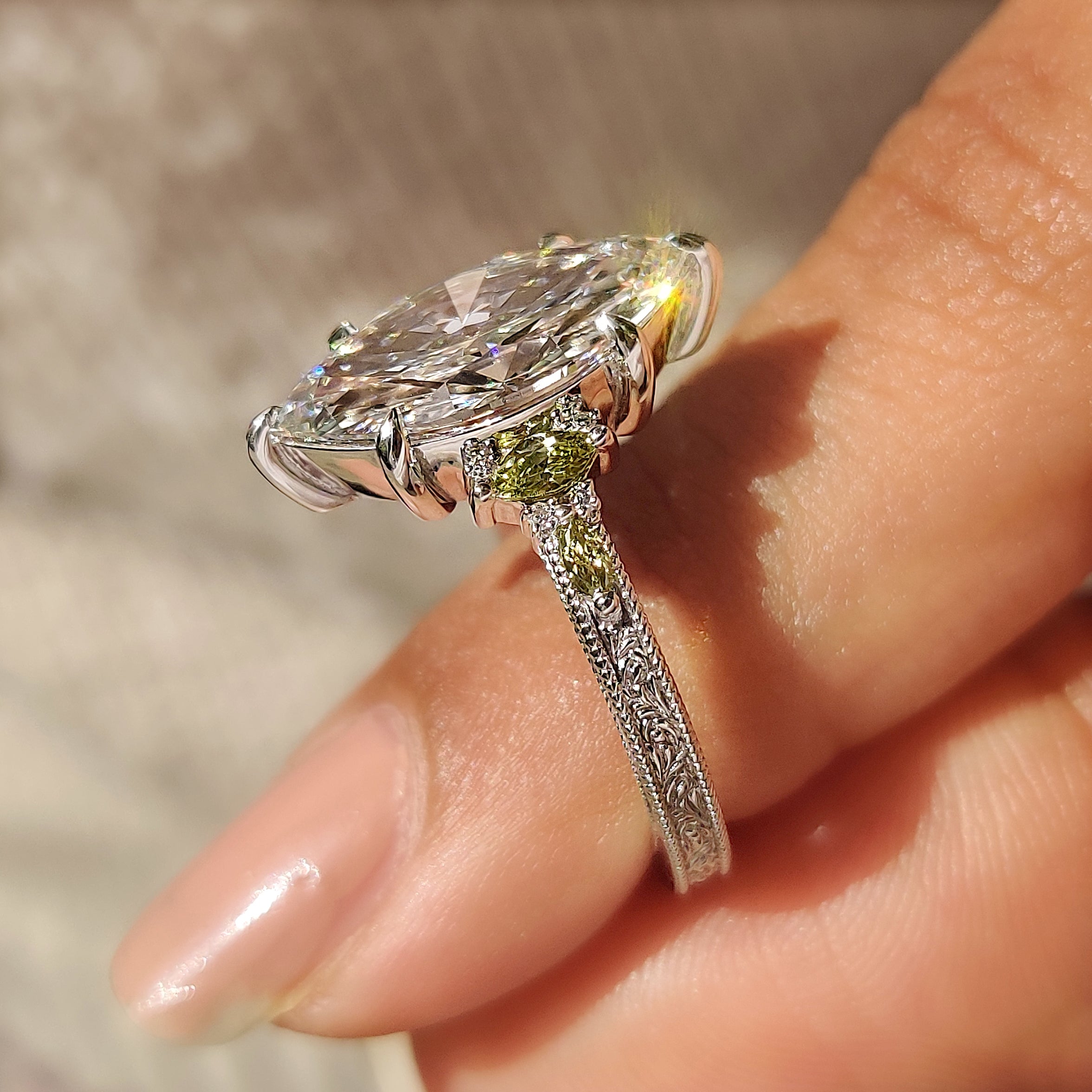 Vintage style marquise ring with peridot and round stones
