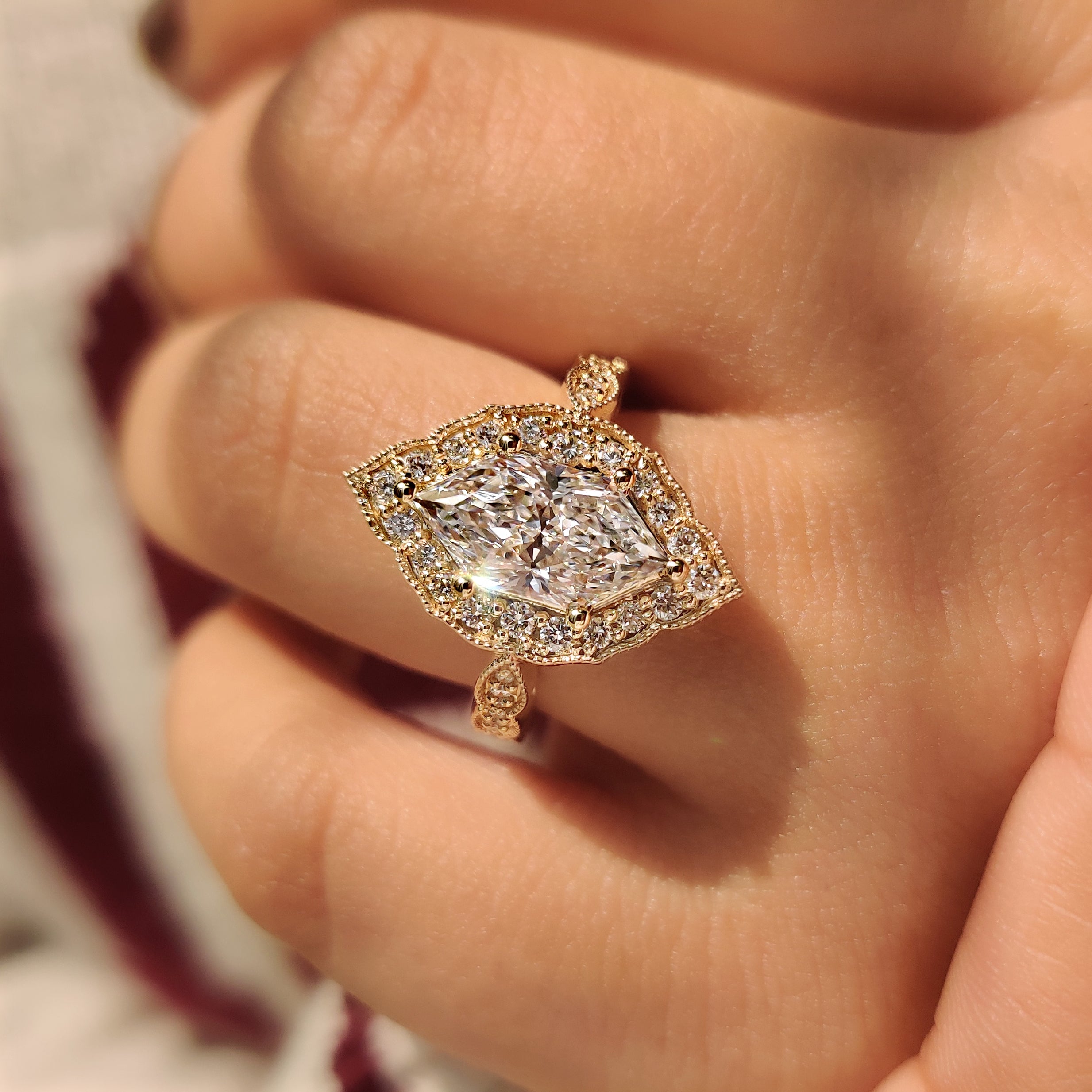 Vintage dutch marquise ring with cathedral and halo setting.
