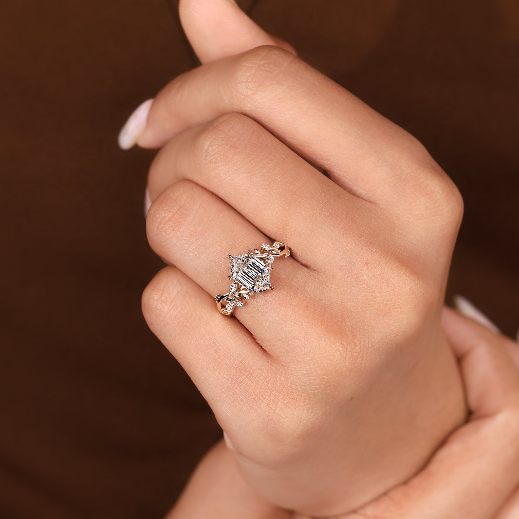 Lab grown diamond nature inspired ring with hexagon center stone
