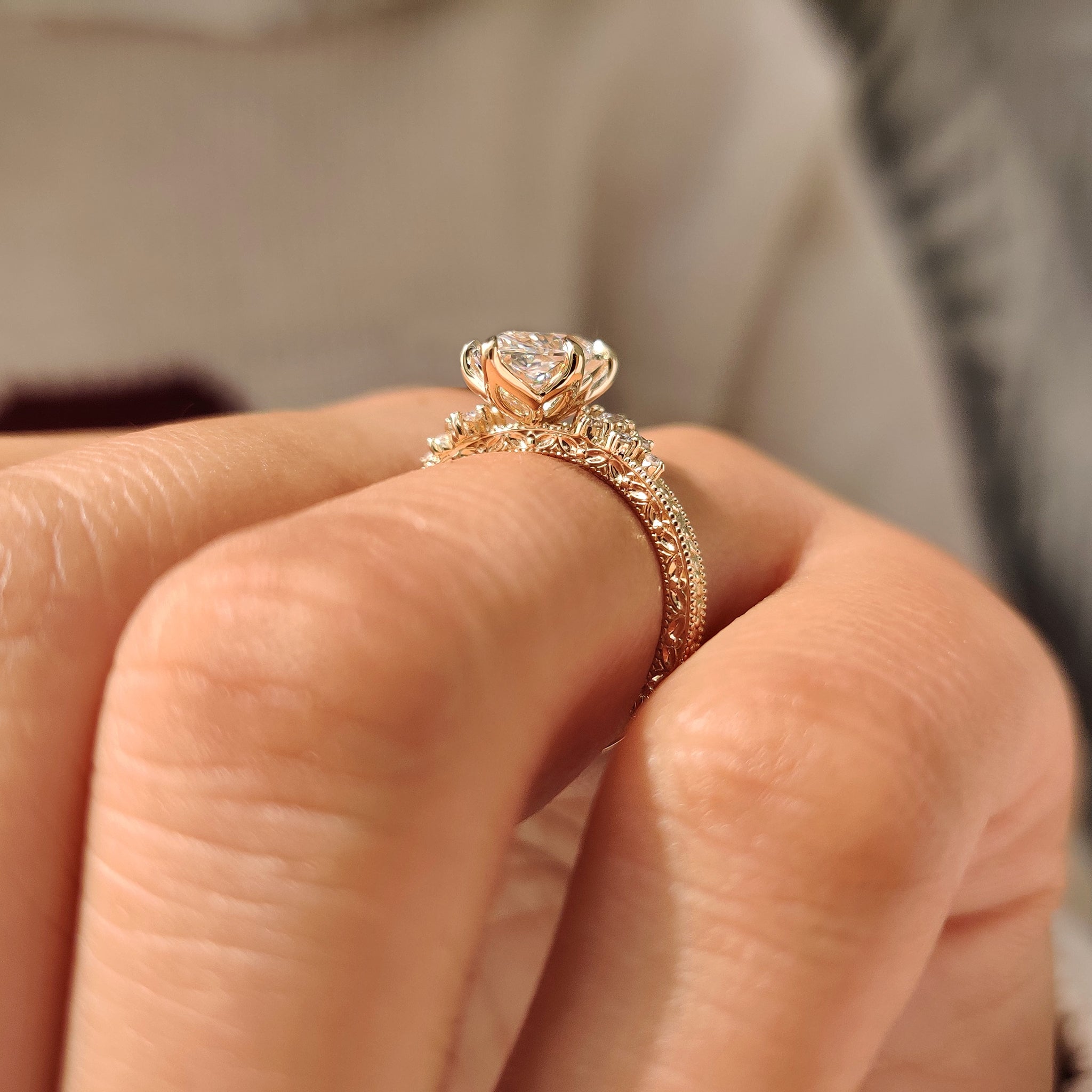 Nature style marquise ring with tulip setting detail.
