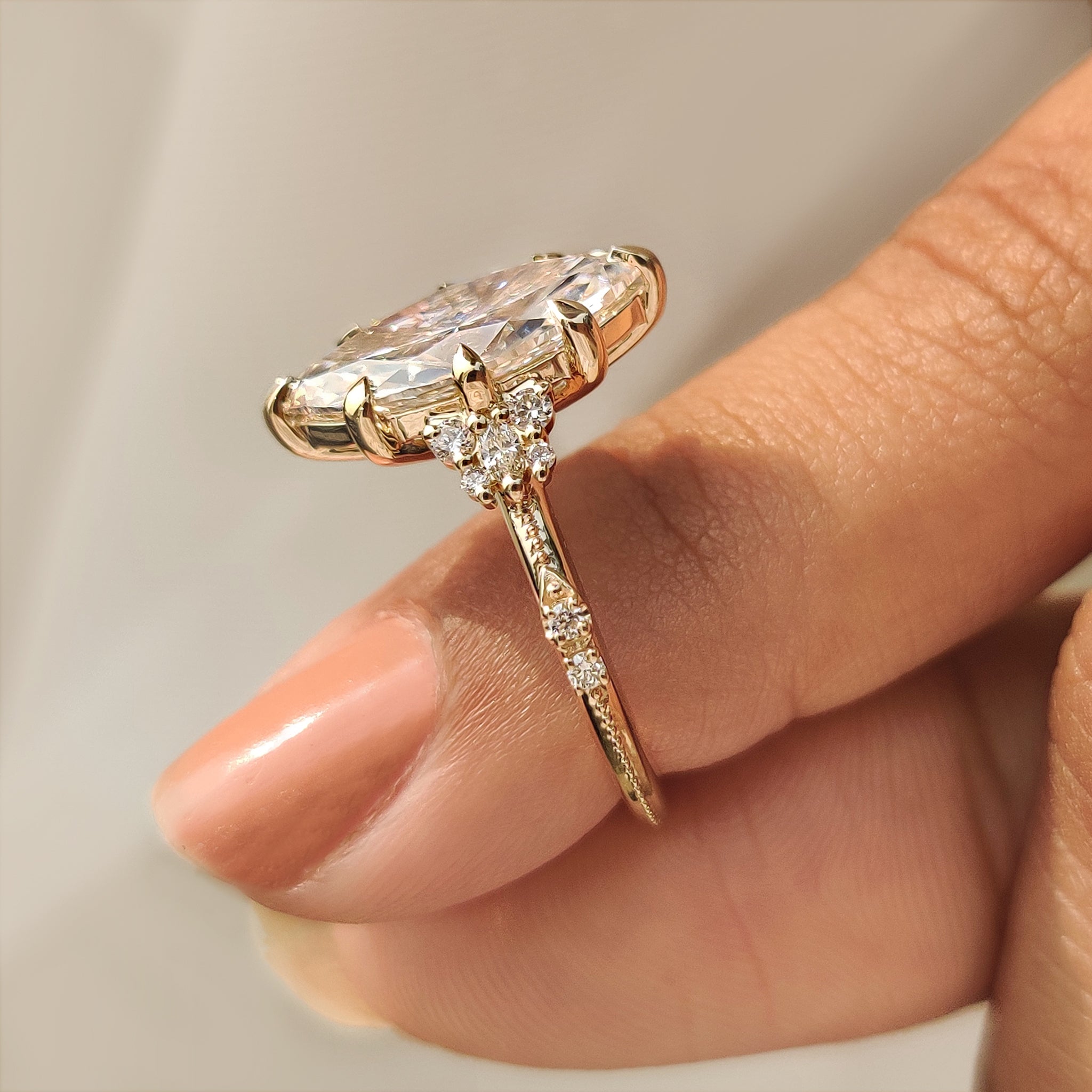Handmade vintage marquise engagement ring with fine detail
