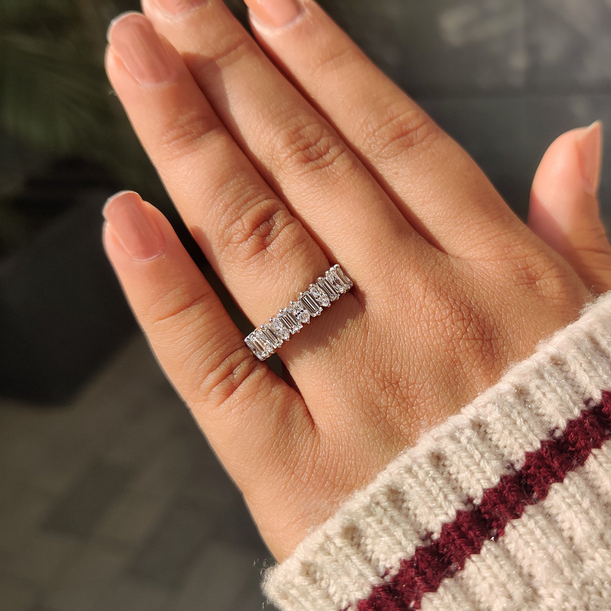 Half eternity band with balanced baguette and oval diamonds
