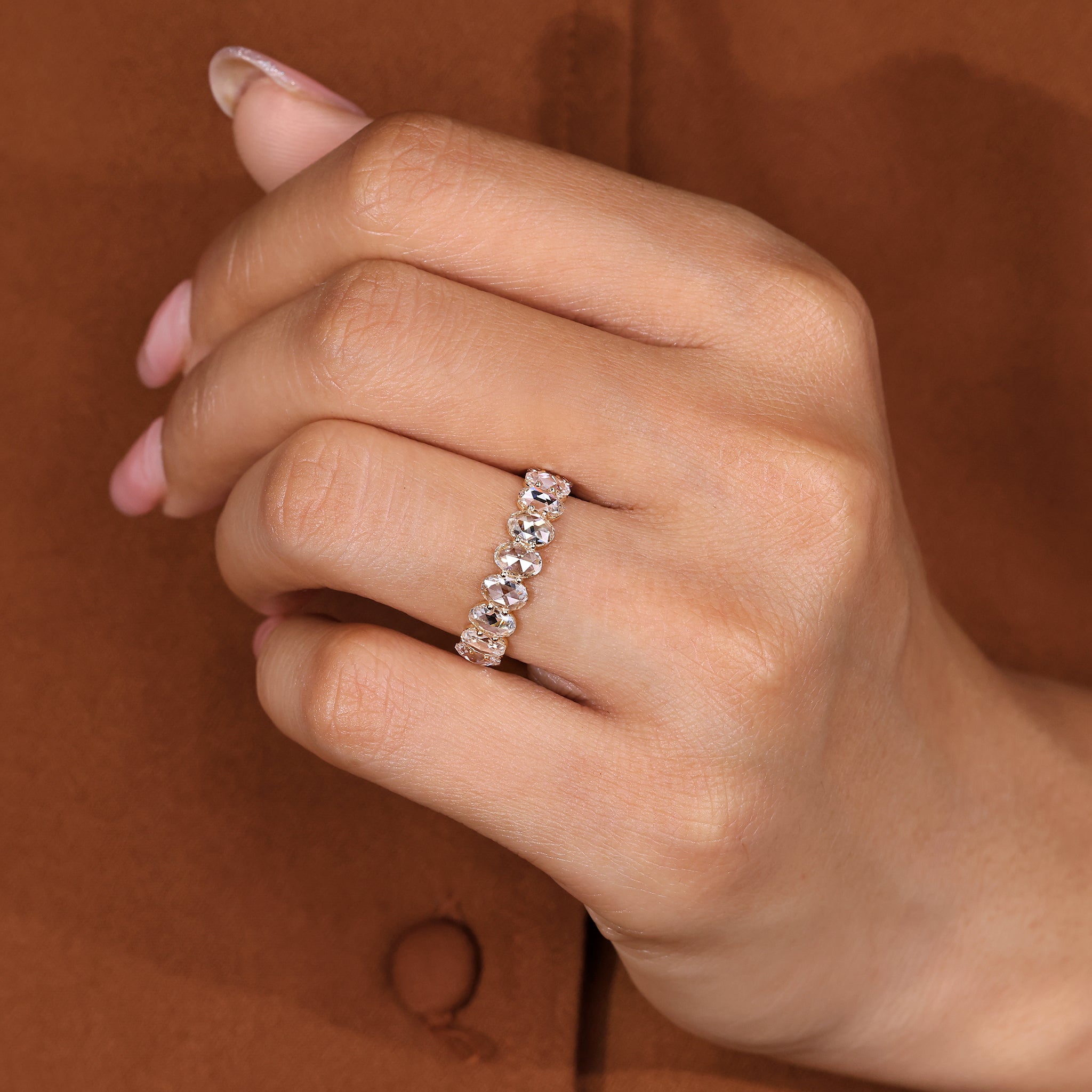 Oval rose cut diamond eternity band for stacking
