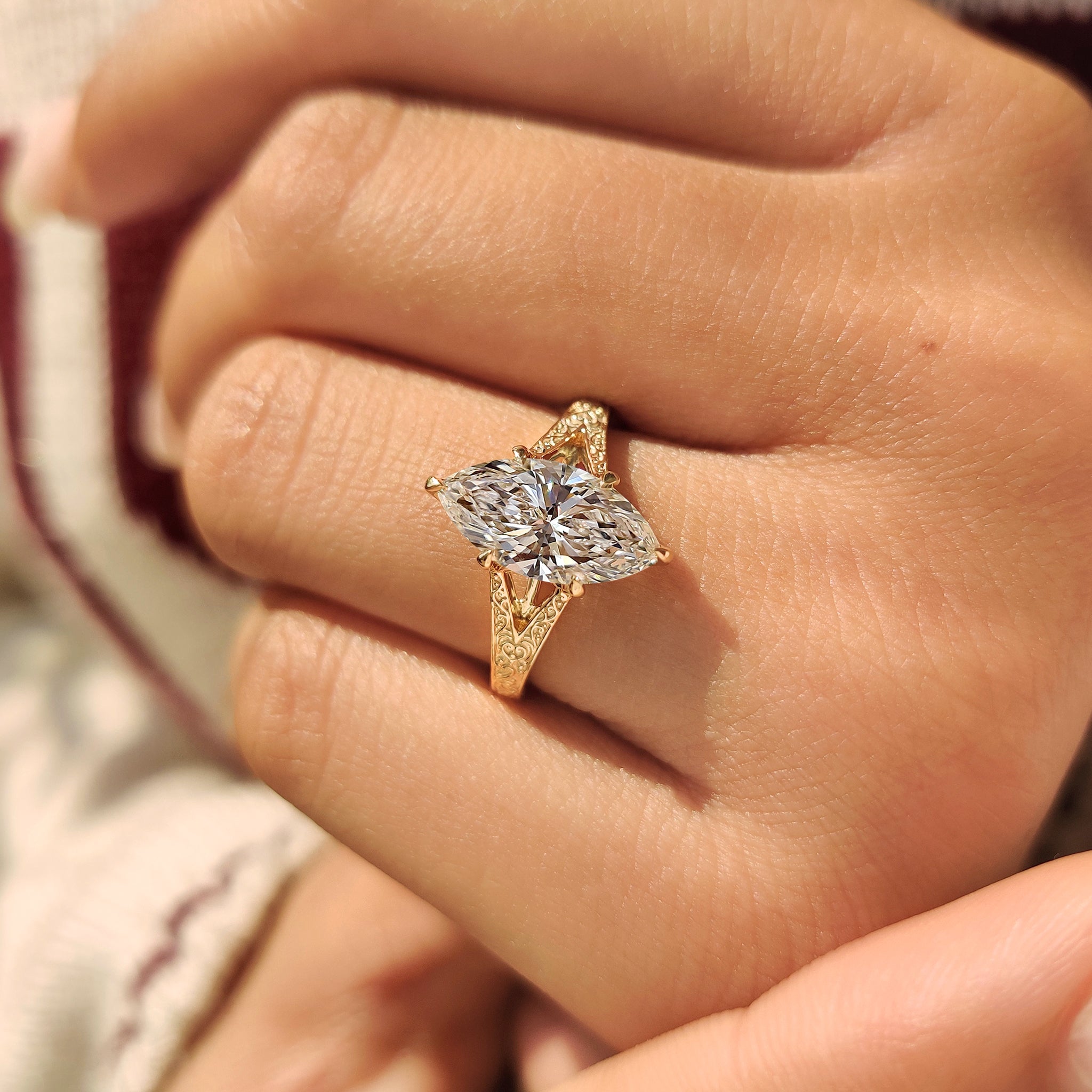 Marquise diamond vintage ring with handcrafted finish
