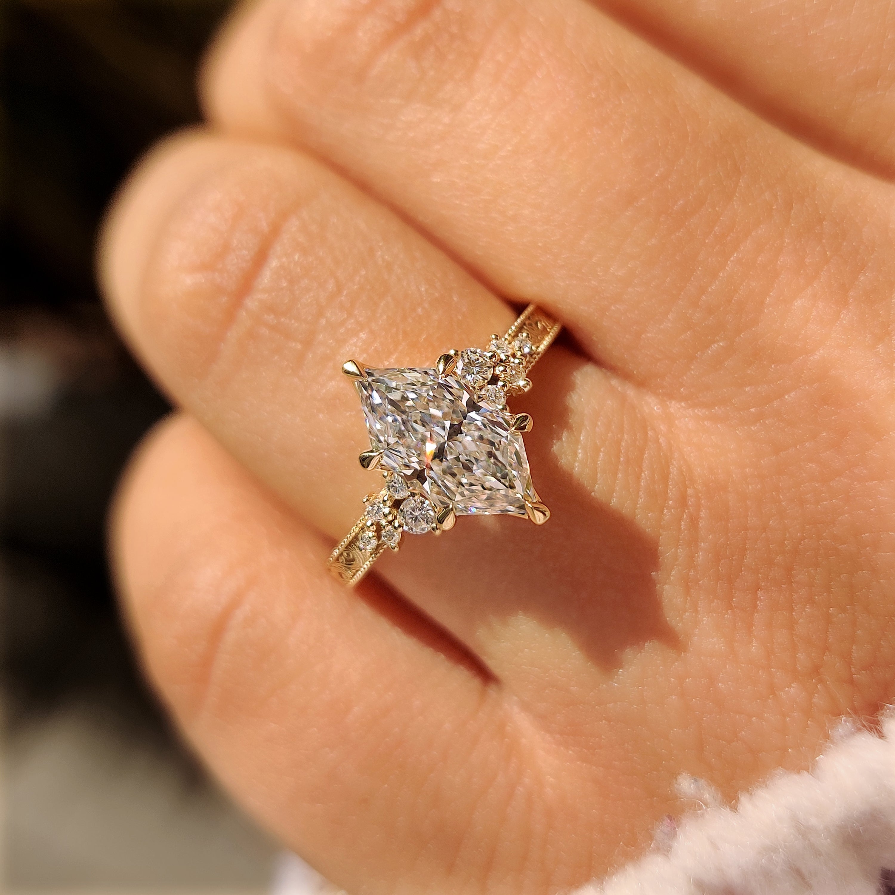 Lab grown Dutch marquise ring with round side diamonds
