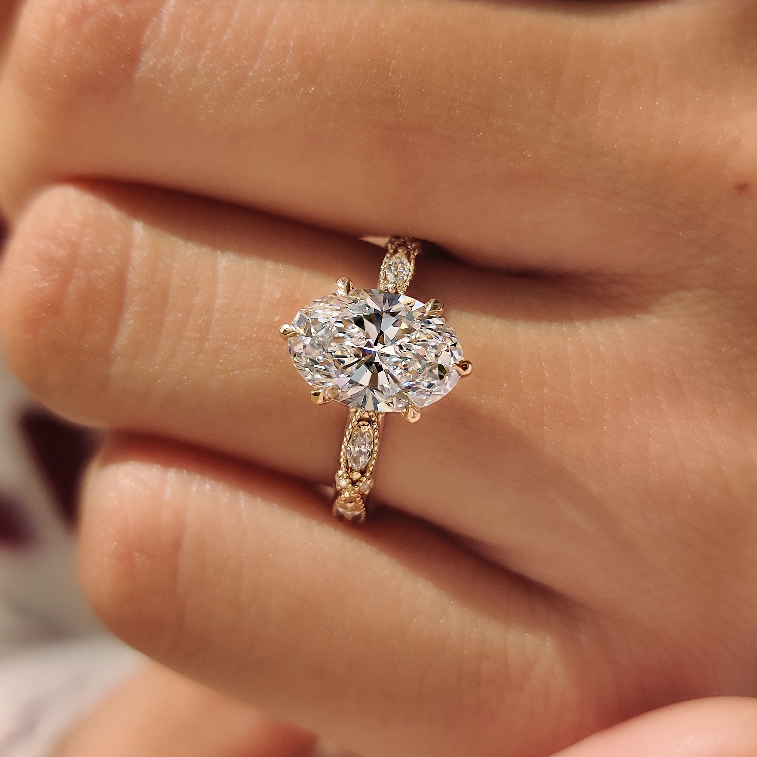 Vintage inspired lab grown diamond ring with side stones
