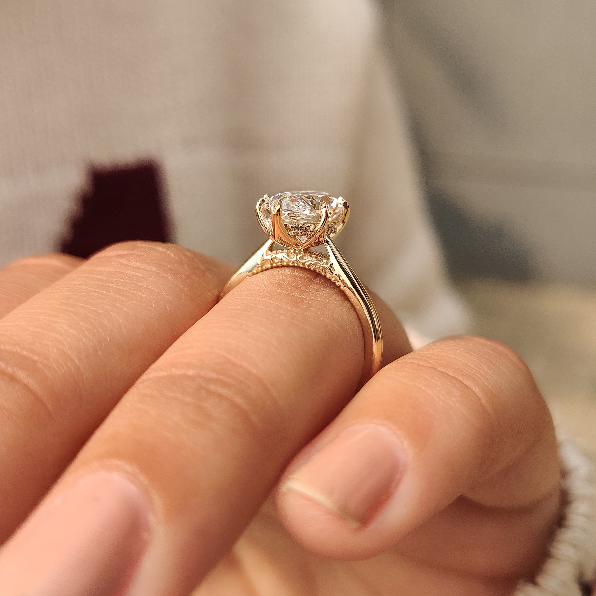 Lab grown dutch marquise ring with tapered shank band.
