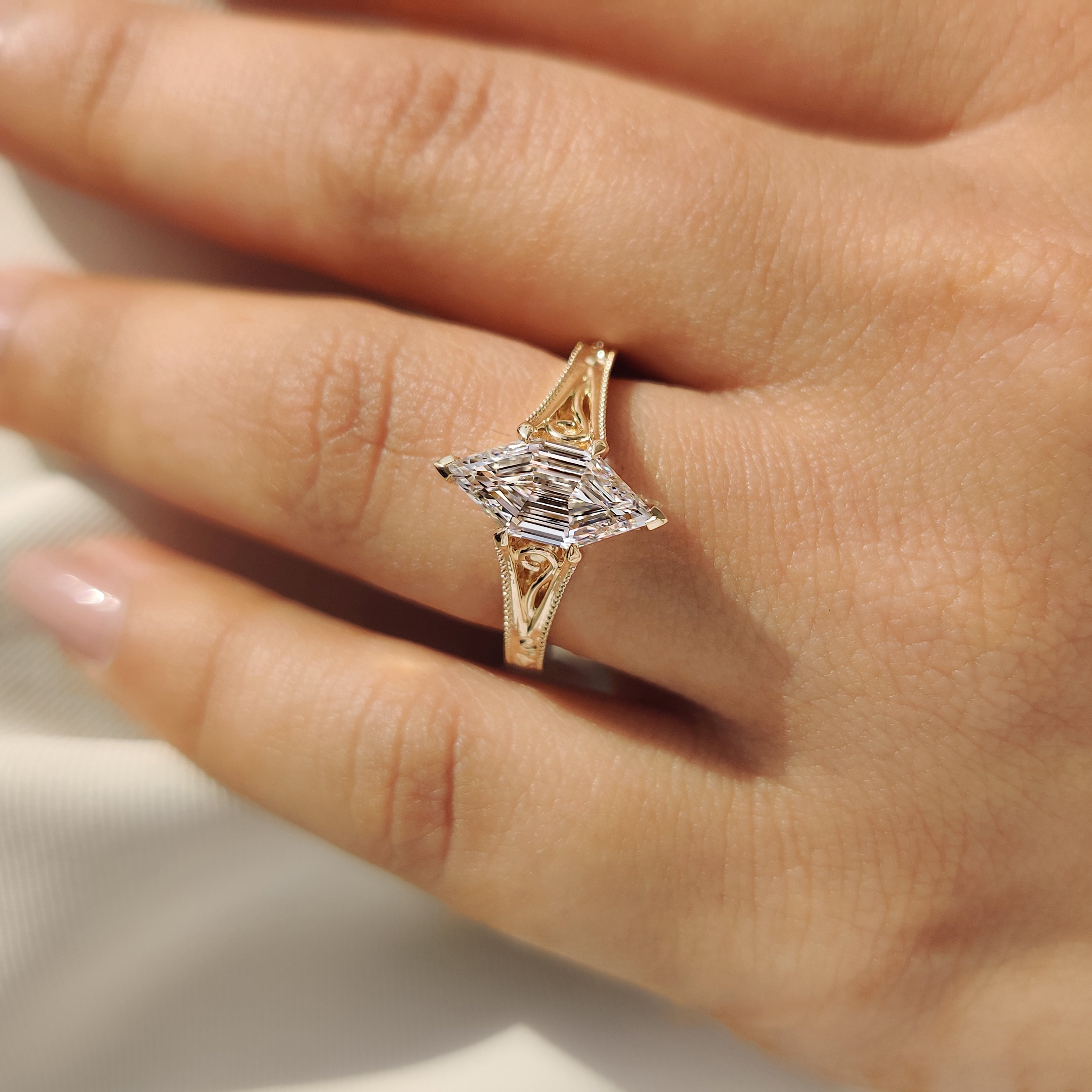 Hexagon step diamond ring with vintage style and V prongs
