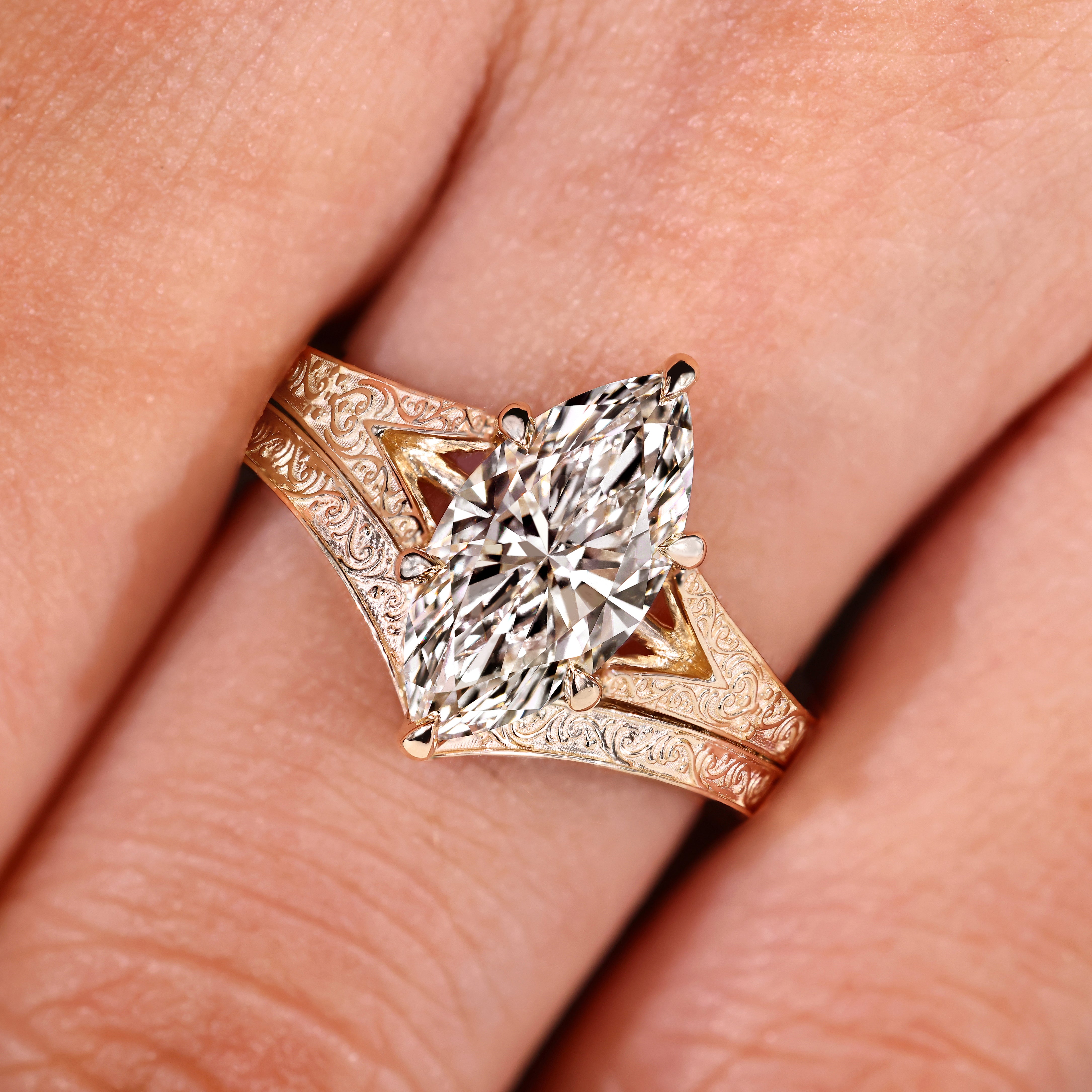 Marquise Lab Grown Diamond bridal set with a curved stackable wedding band
