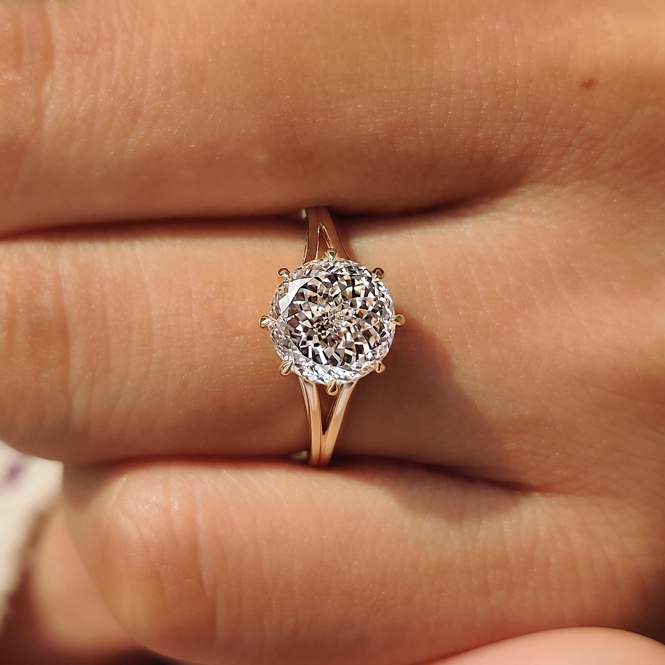 Eight prong setting Portuguese cut diamond ring.
