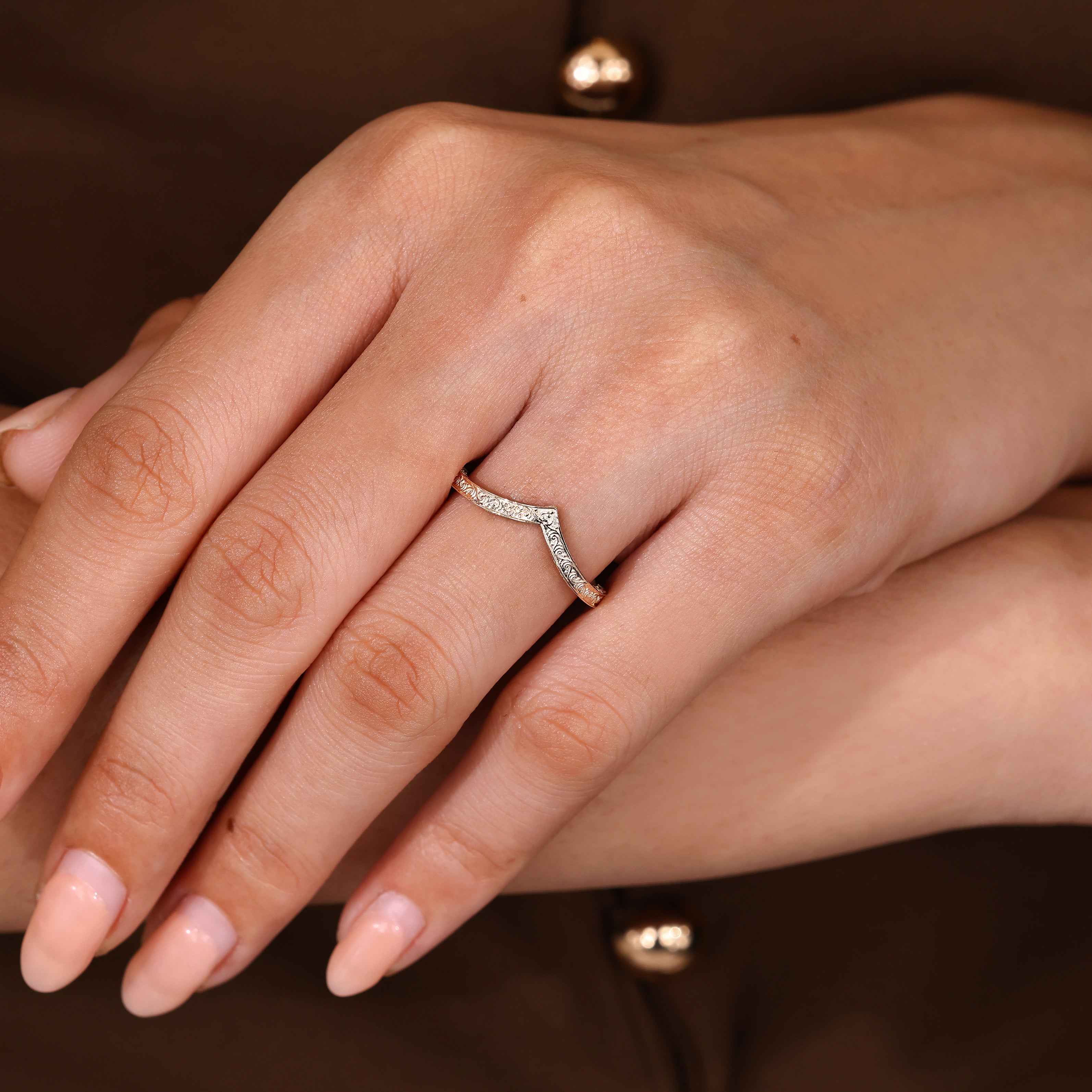 Vintage style marquise ring with curved matching band set
