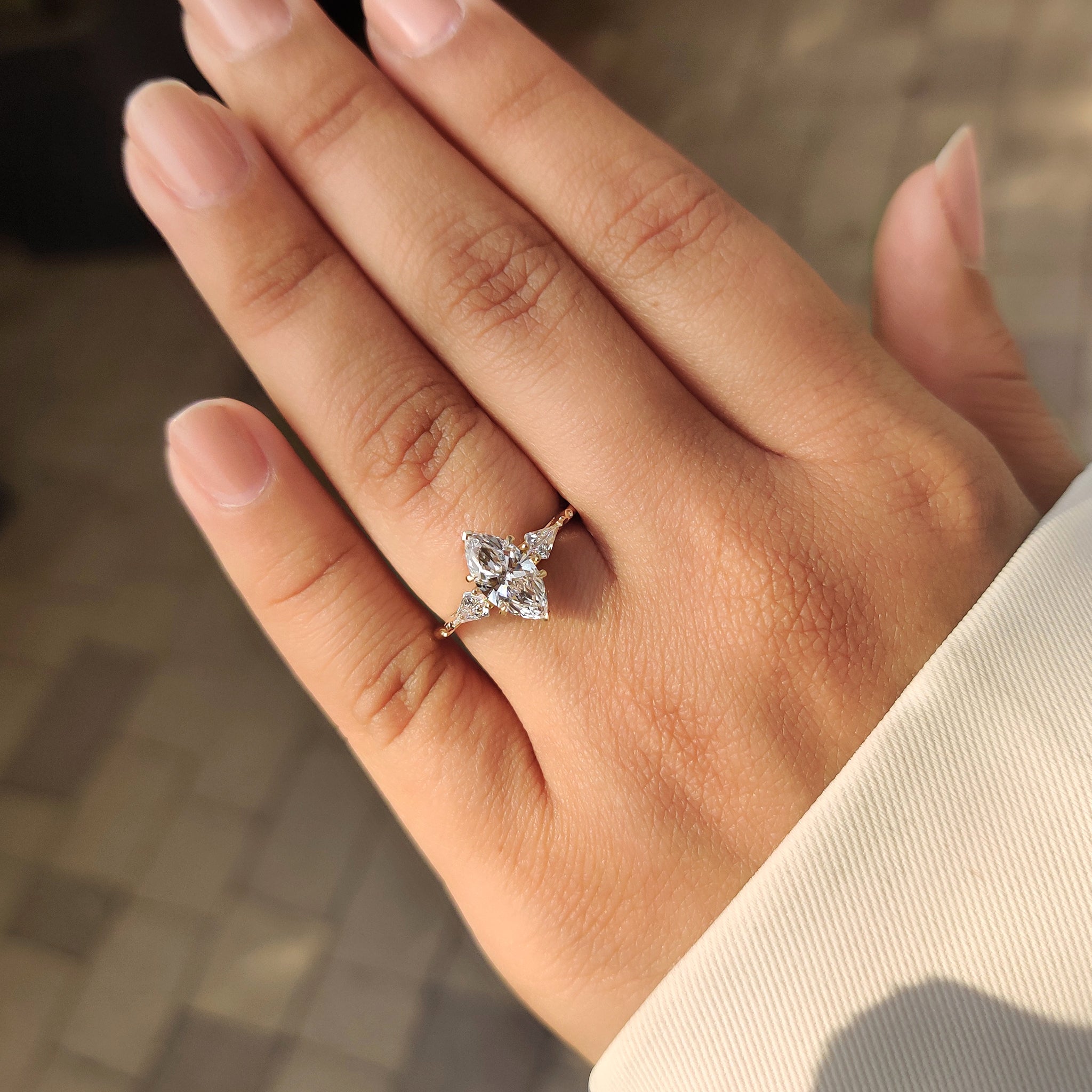 Marquise diamond ring with filigree basket and vintage style look
