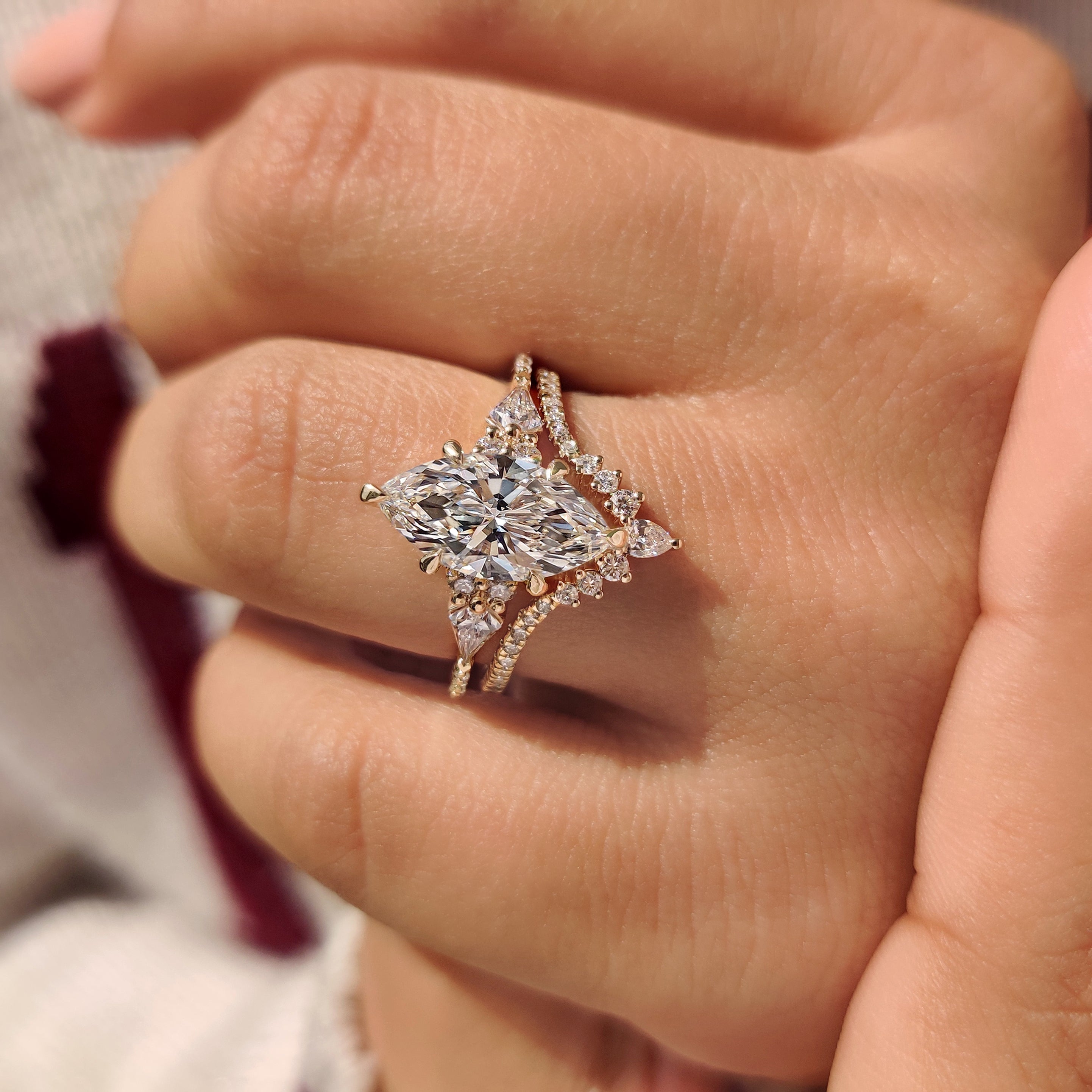 Handmade marquise ring set with stackable V shape band.
