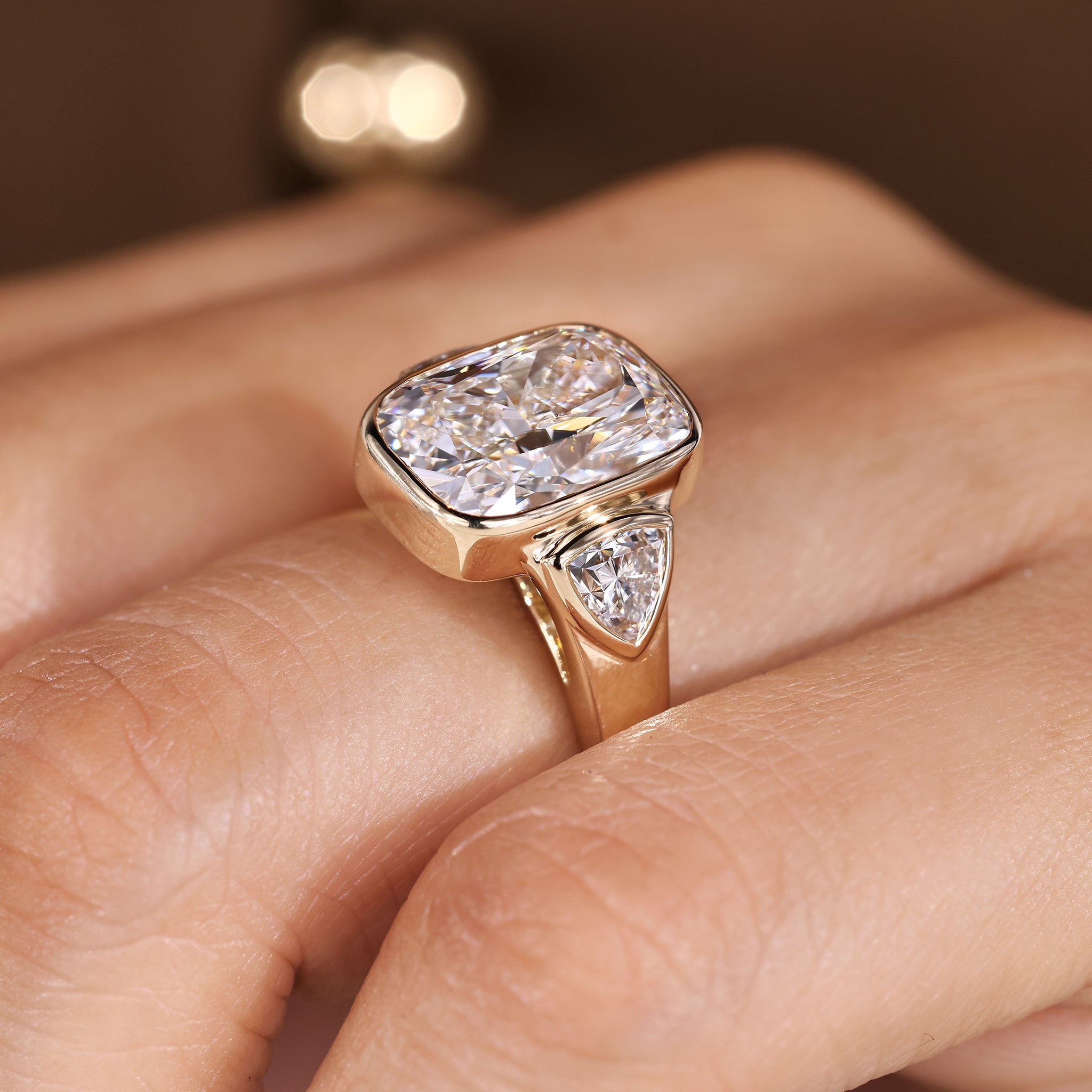 Elongated cushion cut ring available in 7 carat lab grown diamond
