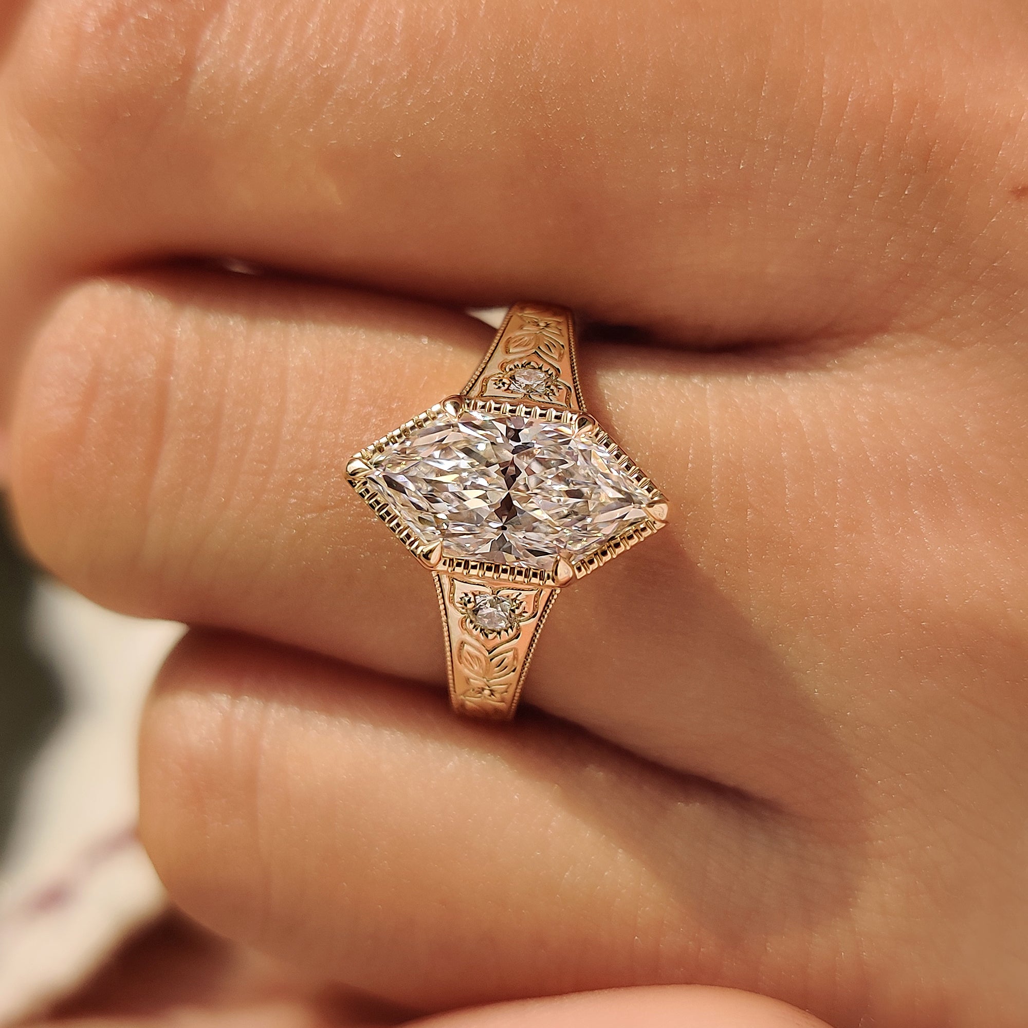 Vintage Dutch marquise ring with milgrain detailing along the shank.
