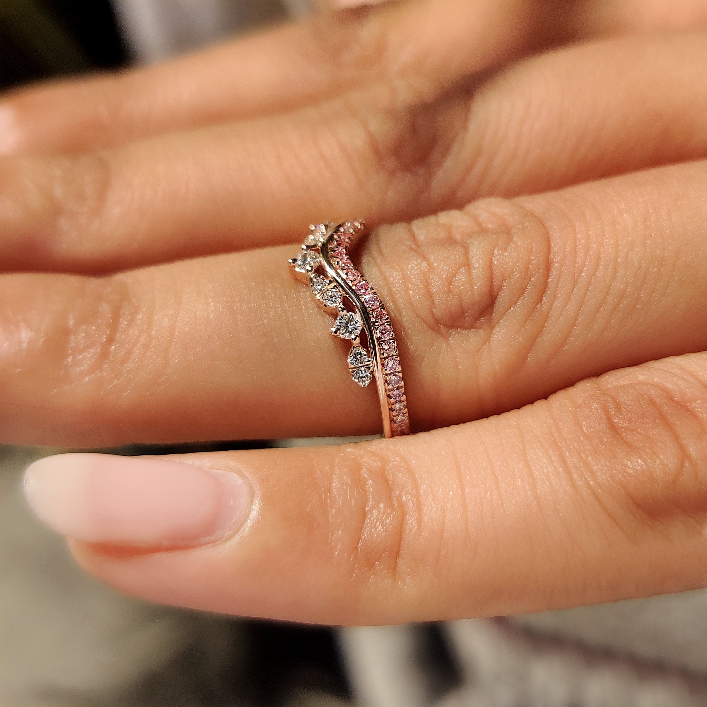 Lab grown diamond tiara band with pink round stones
