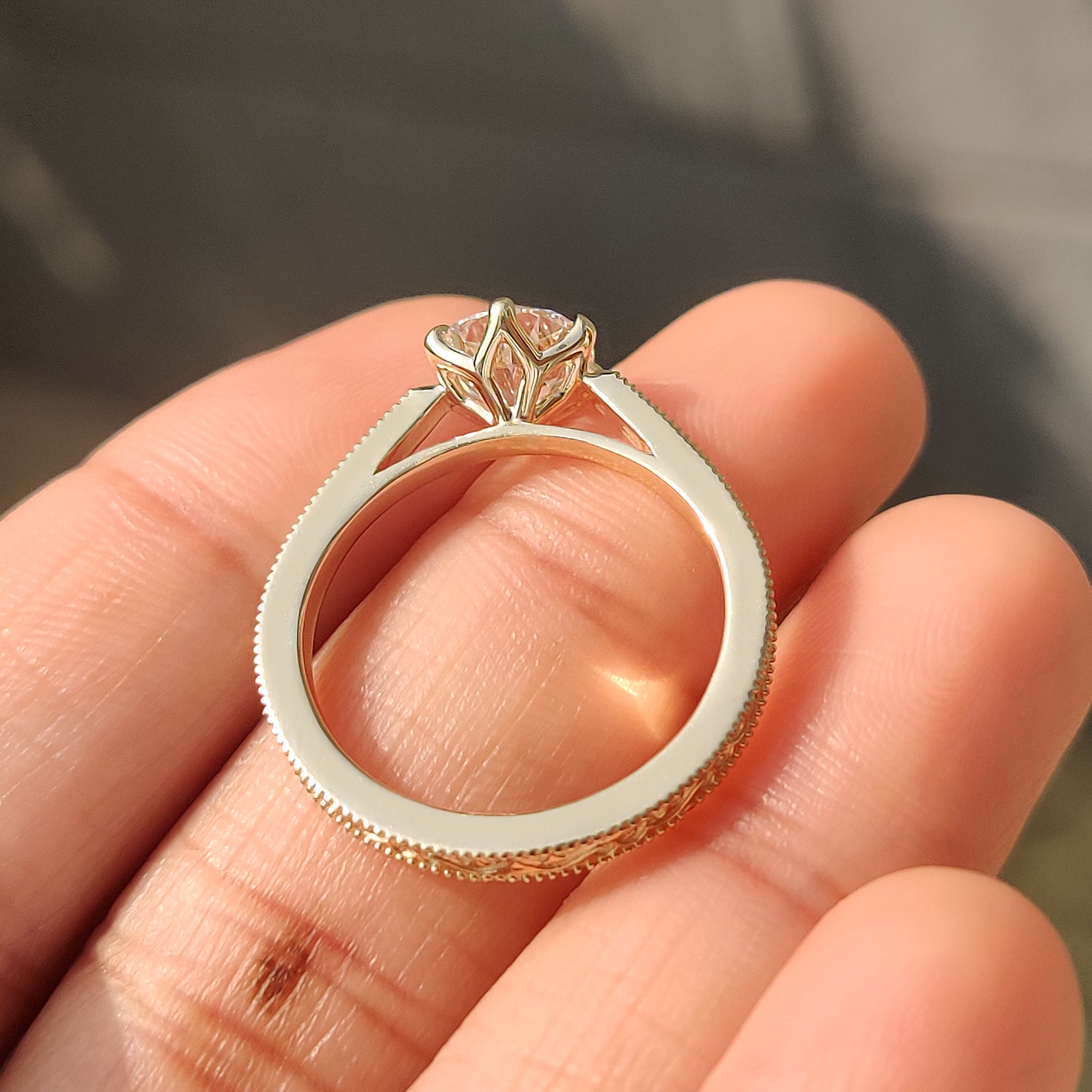 Lab grown round diamond ring in vintage style setting
