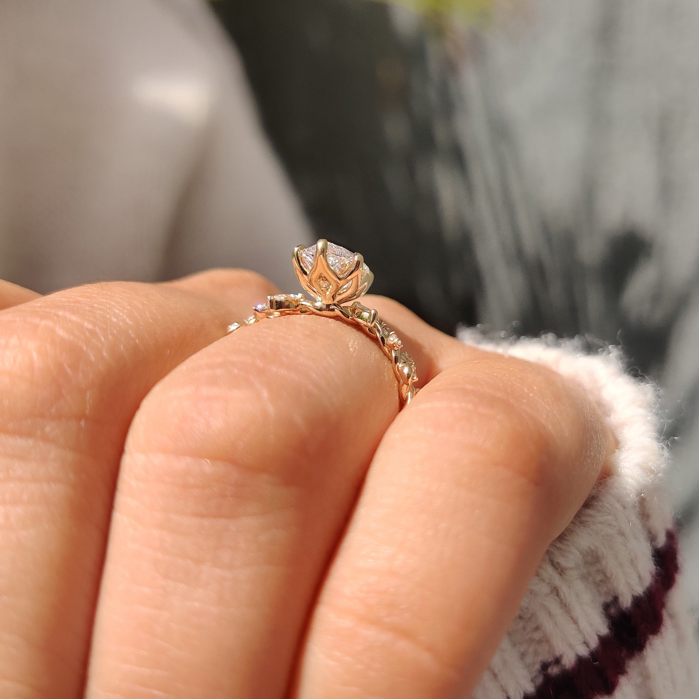 Marquise diamond ring with six claw prong setting.

