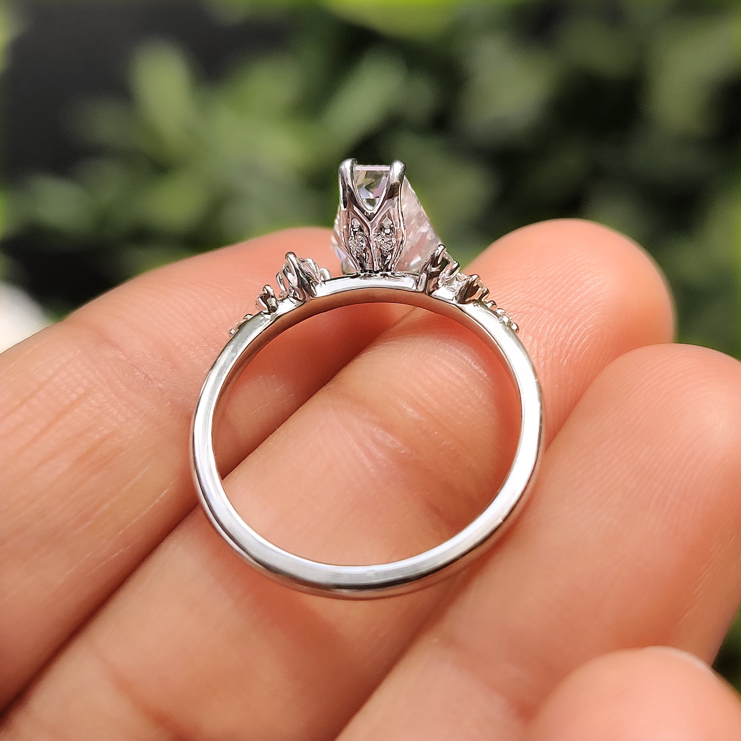 Coffin cut lab diamond ring with four claw prongs
