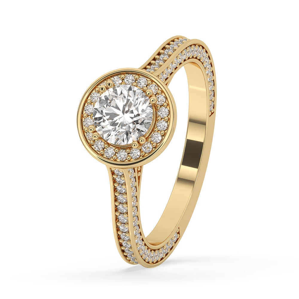 Bridge accent engagement ring with three row pave engagement ring style and pave diamond band in cathedral setting.