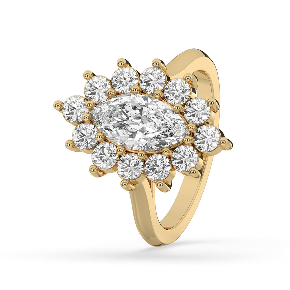 Halo cluster ring with round cluster diamond ring design, crafted in a cathedral style engagement ring setting.
