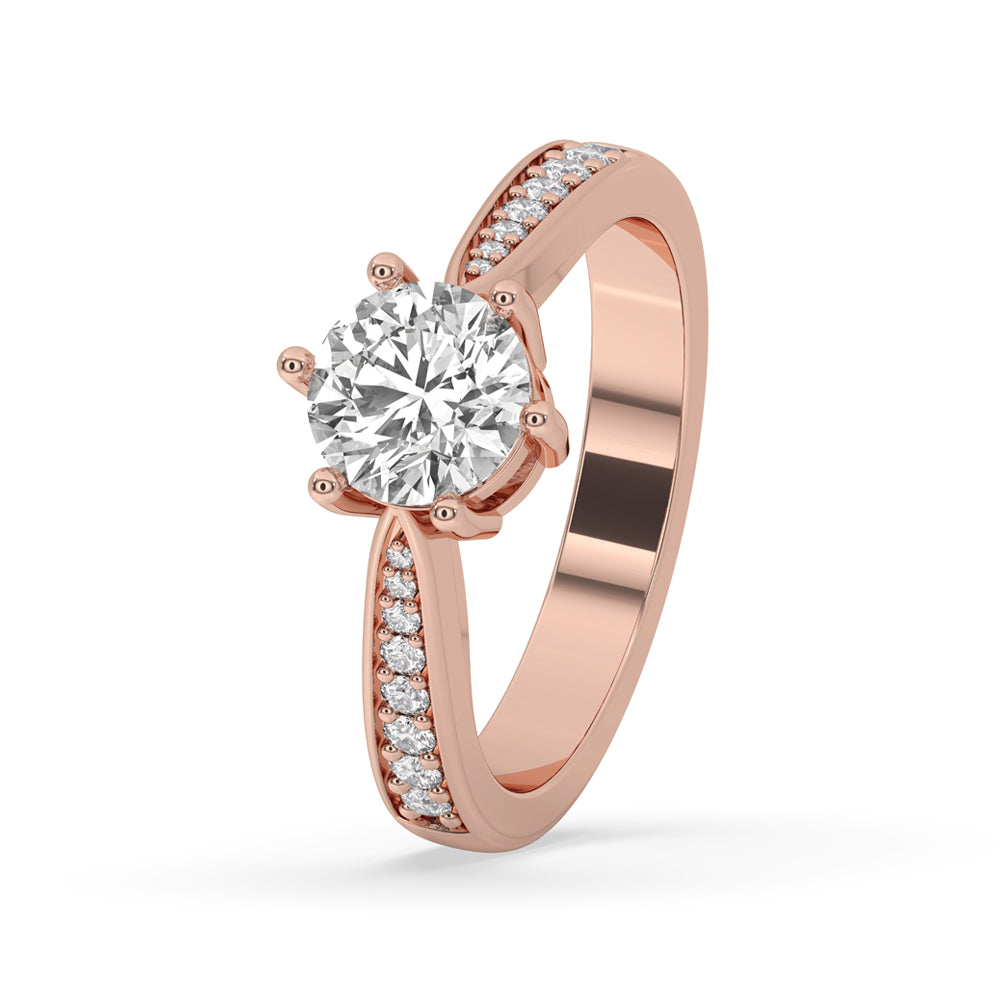 Six prong round engagement ring with antique engagement ring design and pave diamond ring band.

