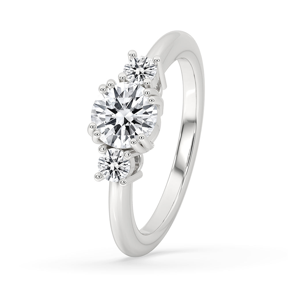 Round cut diamond ring set in white gold, perfect for an engagement.
