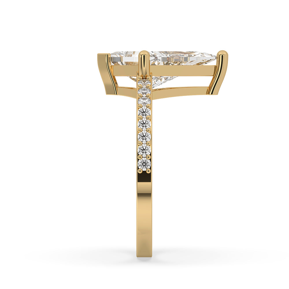 Handmade ring with a V shaped prong setting and pave band.
