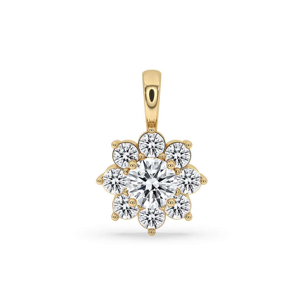 Yellow Gold Diamond Pendant with cluster halo design and prong set stones.
