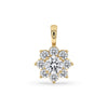 Yellow Gold Diamond Pendant with cluster halo design and prong set stones.
