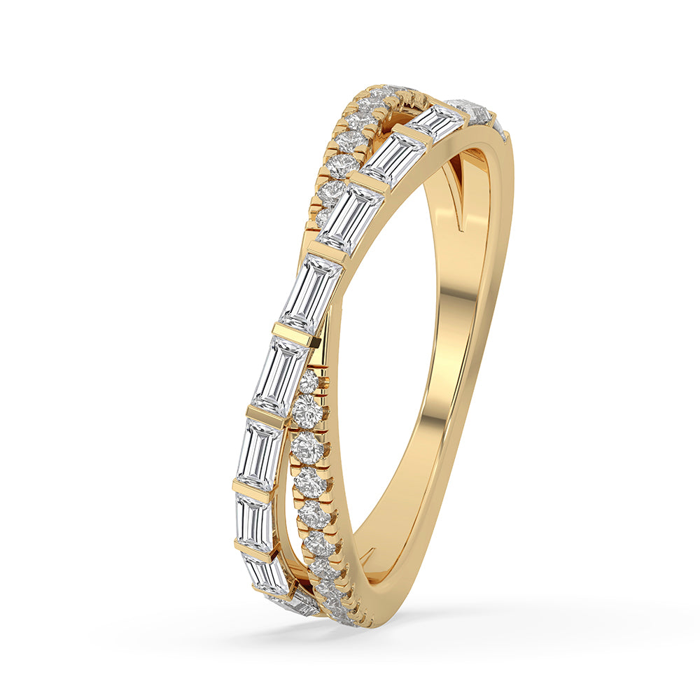 Bar set diamond band offers structure and style in yellow gold.
