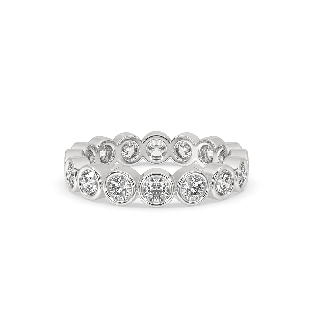 Bezel set eternity band with round lab-grown diamonds.
