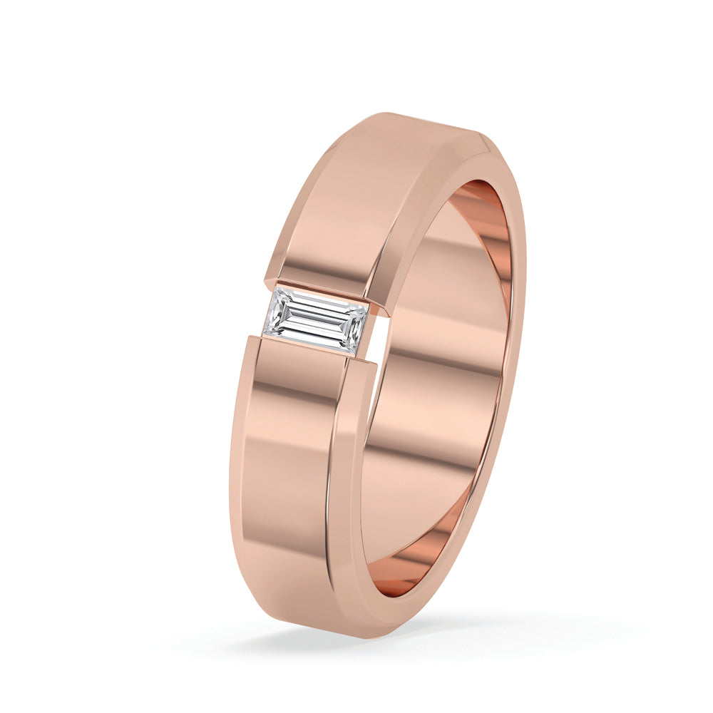 Rose gold men ring featuring one baguette diamond.