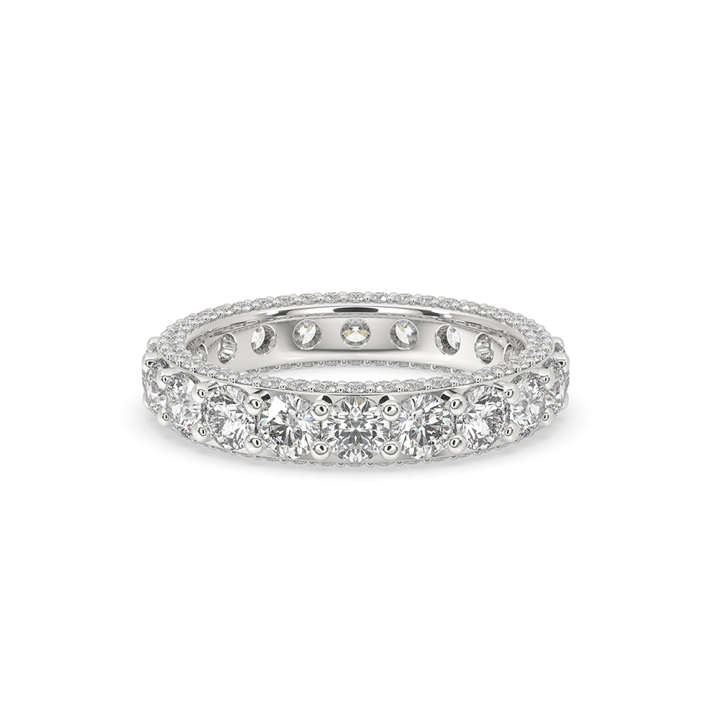 White gold eternity band with lab grown diamonds from Carat Diamonds.
