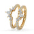 Pear and round cut band in yellow gold with prong setting.
