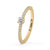 Round cut diamond ring with pave set diamonds around the band, in a yellow gold finish.
