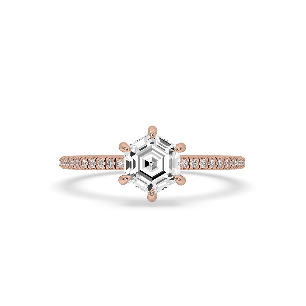 Hidden Halo Diamond Ring with hexagon step cut diamond for a stunning look.
