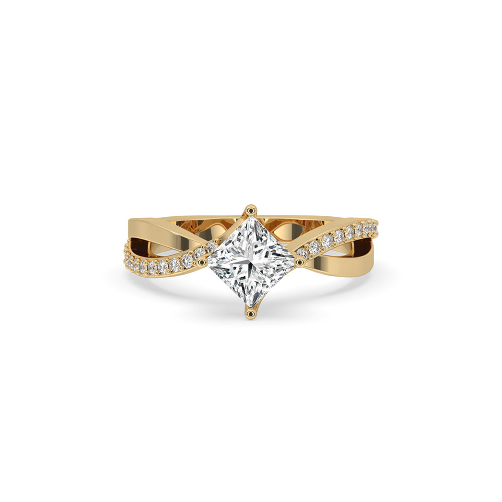 Princess Cut Diamond Ring in yellow gold with compass setting ring.
