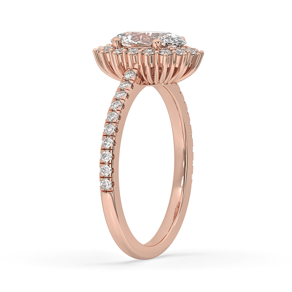 Halo setting ring featuring a stunning oval cut diamond at its center.
