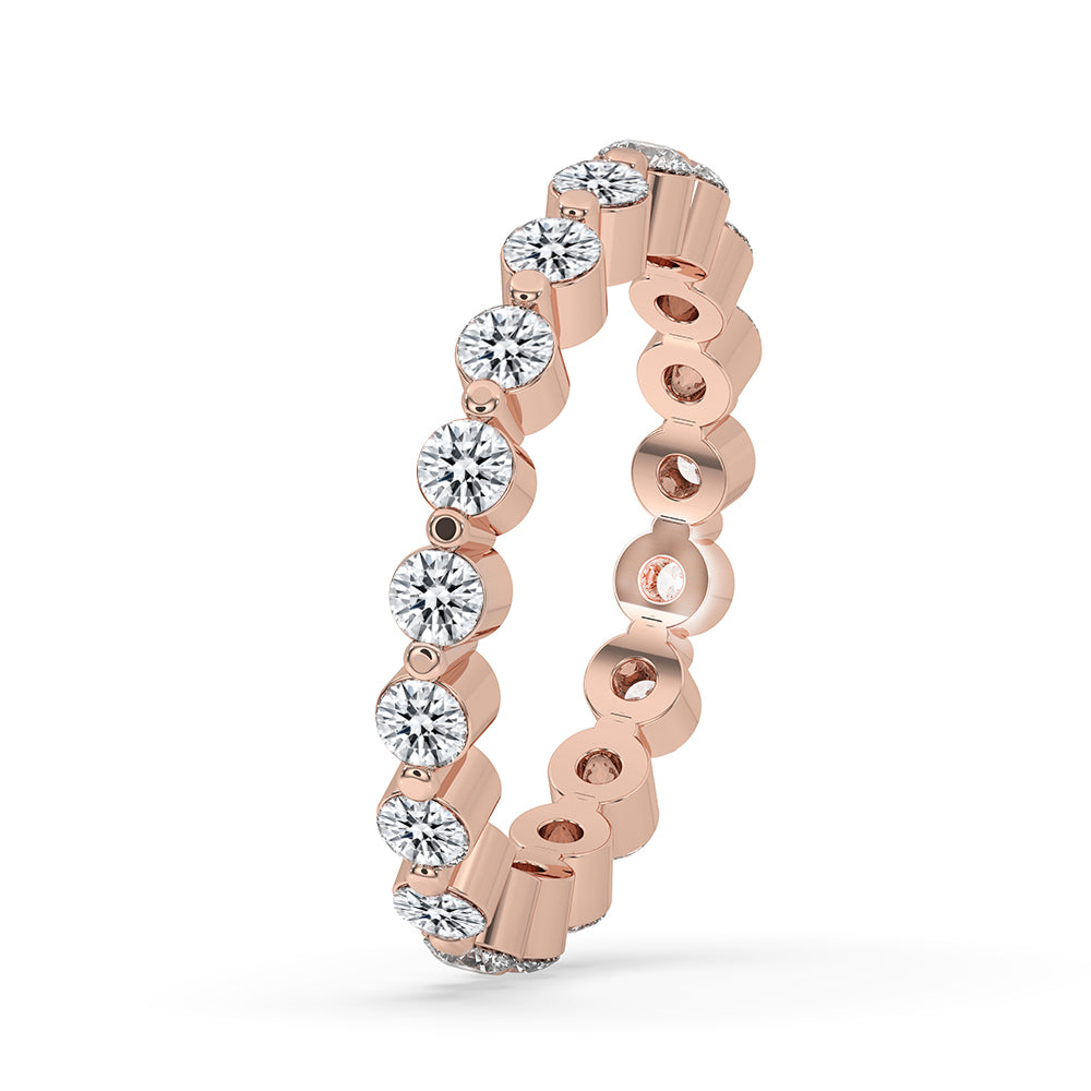 Full eternity band featuring round cut diamonds in rose gold finish.
