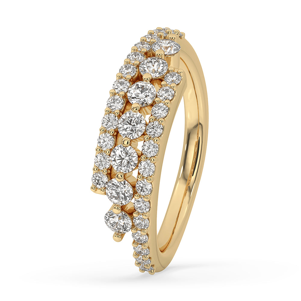 Round cut wedding band styled in triple row pave setting.
