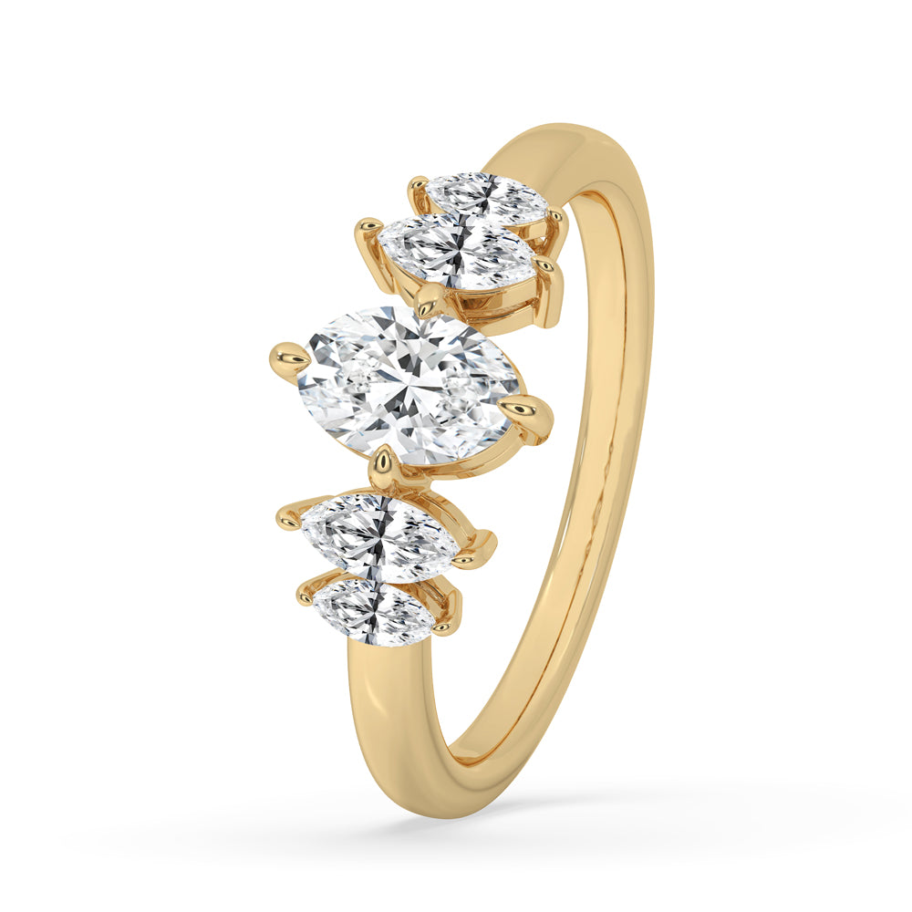 Yellow gold engagement ring featuring a compass prong setting.
