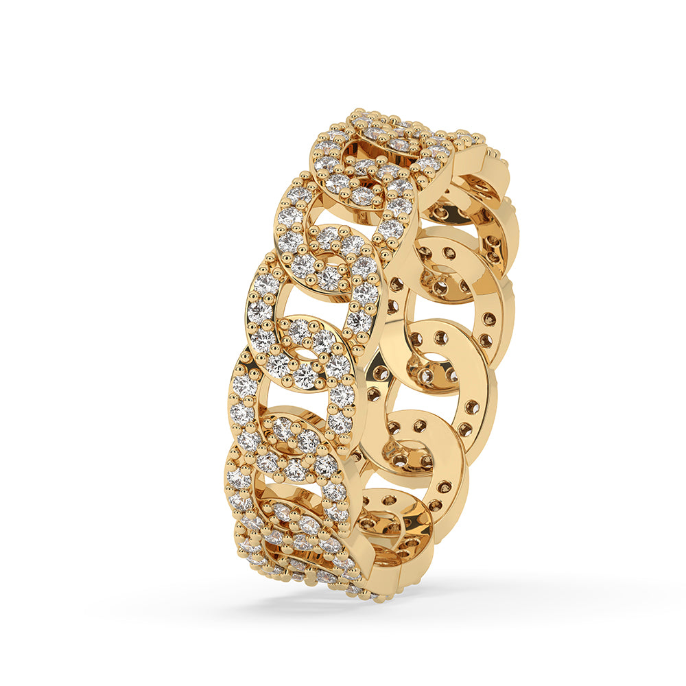Full eternity band with round cut diamonds in yellow gold chain style.
