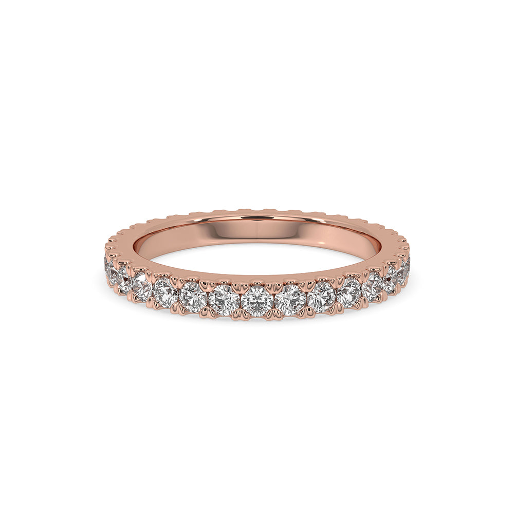 Rose gold diamond eternity band with round cut diamonds.
